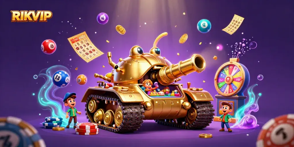 Experience the vibrant energy of RIKVIP with a cartoon casino tank bursting with games and golden lottery elements.
