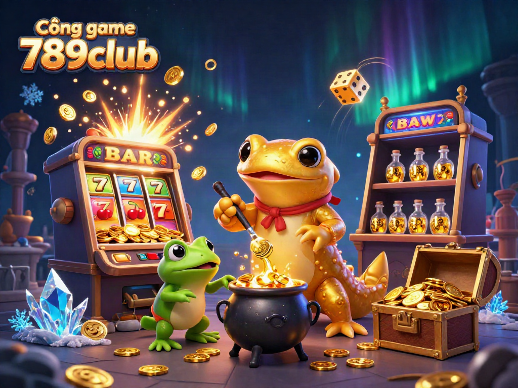 Cổng game 789club showcases a vibrant, dynamic illustration of casino excitement with gold and gaming elements.