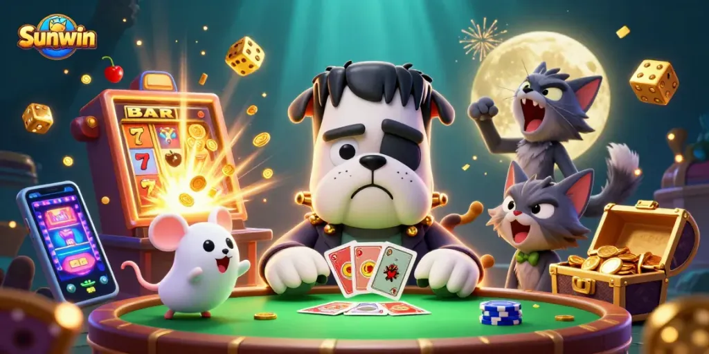 Experience thrilling gameplay at Sunwin with a vibrant casino scene including cards, slots, and jackpots.