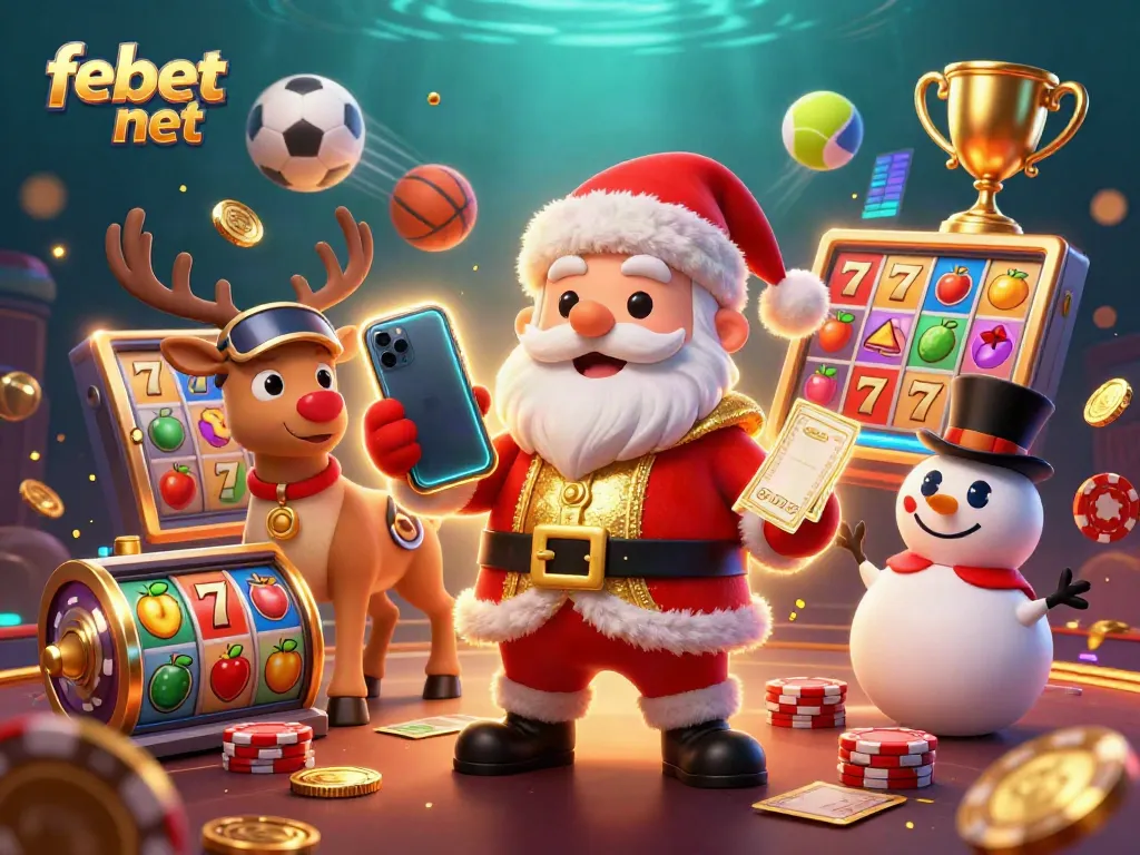 Experience the excitement of febet net with Santa and friends in a vibrant 3D casino scene.