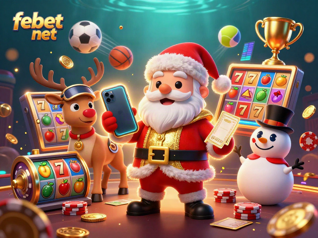 Experience the excitement of febet net with Santa and friends in a vibrant 3D casino scene.