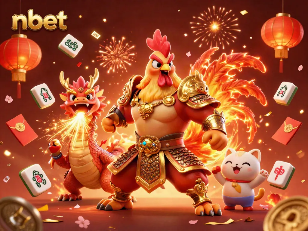 Experience the excitement of nbet with a cartoon rooster warrior, dragon hatchling, and lucky cat in a vibrant casino scene.