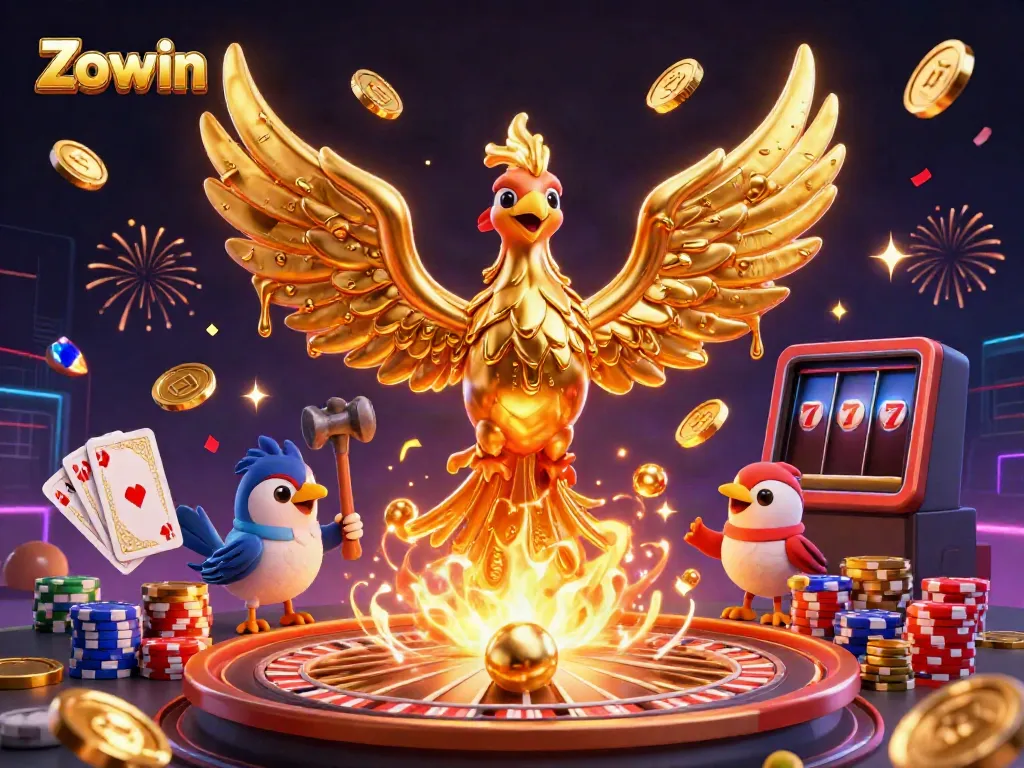 Zowin showcases an unforgettable gaming experience with a golden phoenix amidst casino symbols and coins.