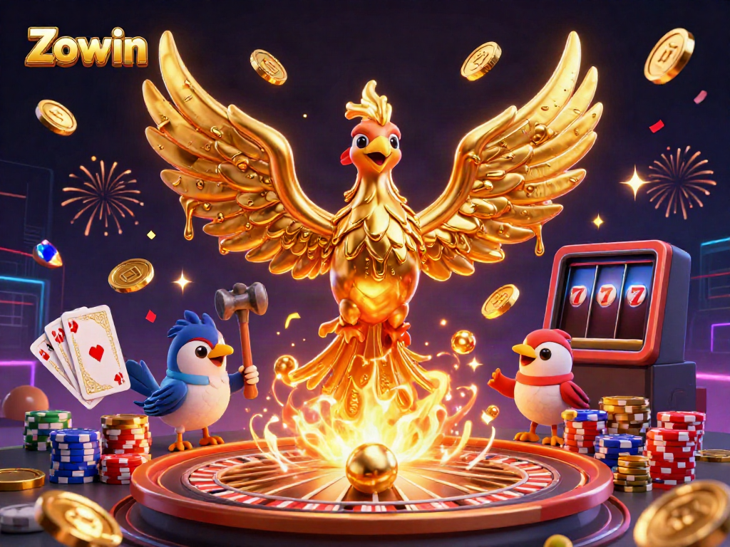 Zowin showcases an unforgettable gaming experience with a golden phoenix amidst casino symbols and coins.