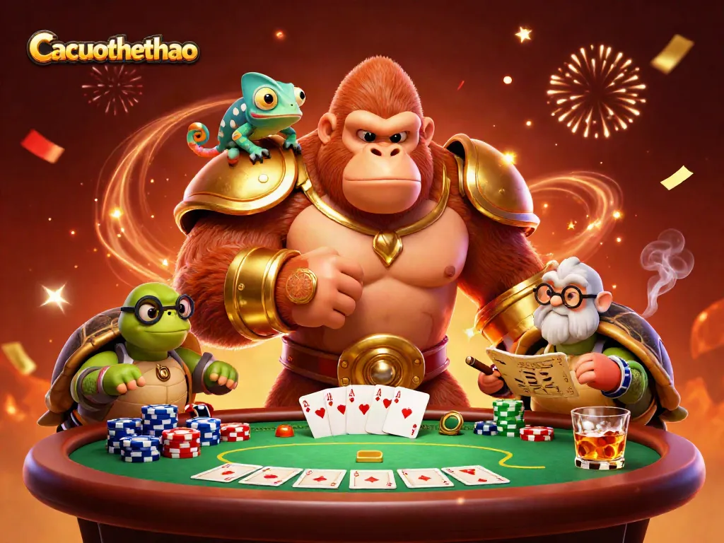 Experience thrilling poker action with Cacuocthethao's vibrant 3D illustration of a gorilla king, chameleon spy, and wise tortoise.
