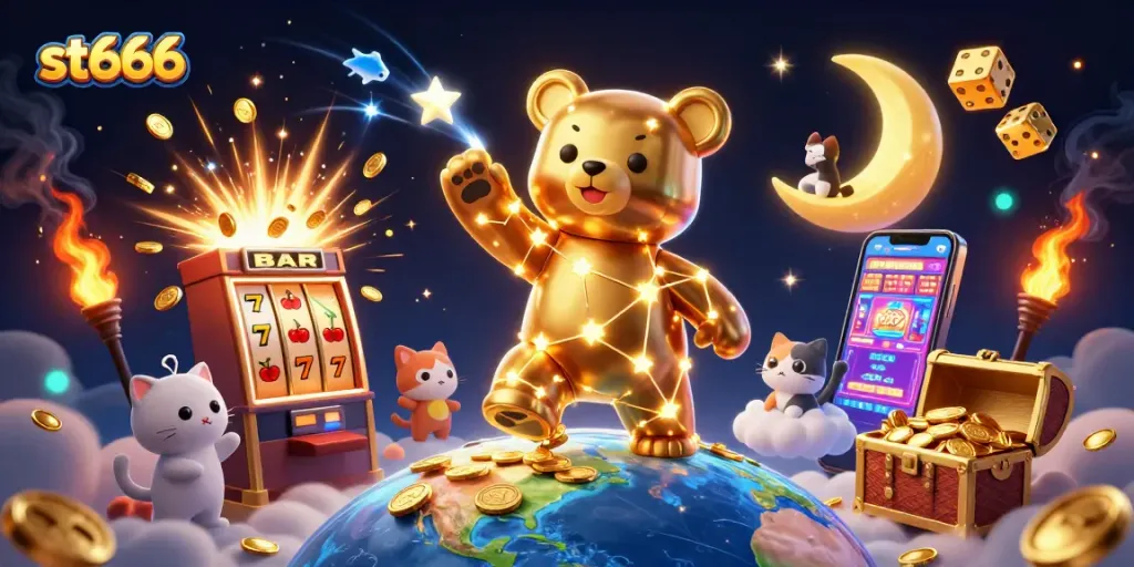 Experience the thrill of st666 with a vibrant 3D scene bursting with jackpot excitement and casino elements.