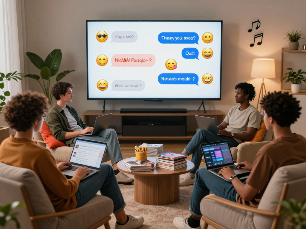 NSFW AI chat session in a cozy lounge setting with interactive emojis.