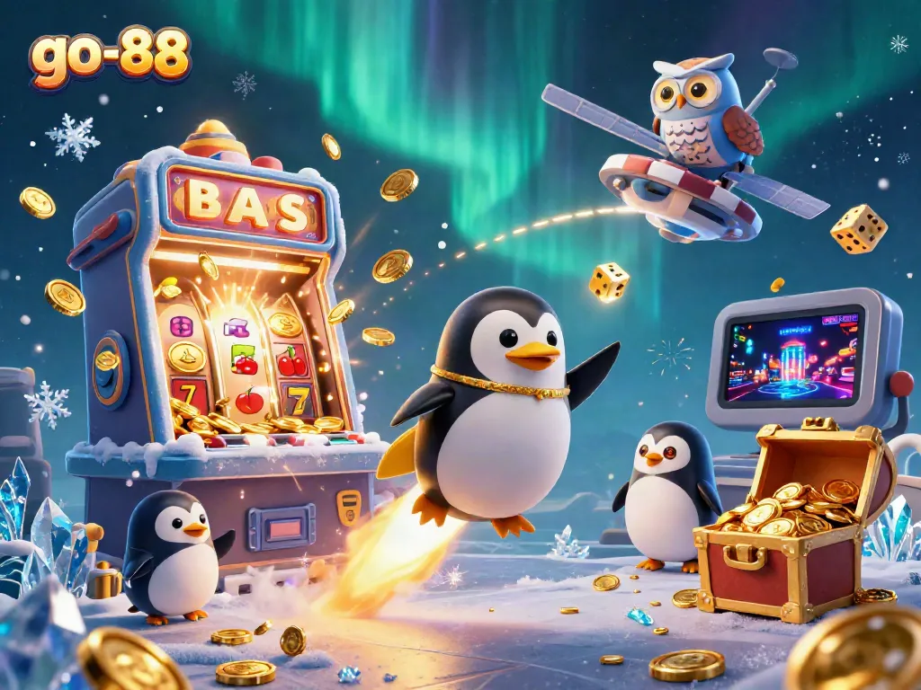 Experience the excitement of go-88 with a golden penguin soaring through space toward a jackpot-filled casino.