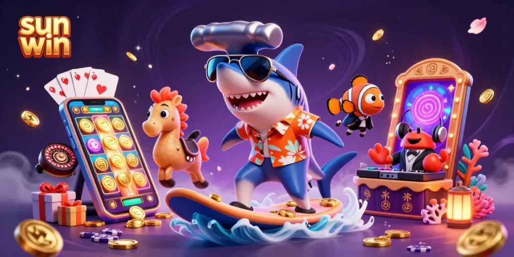 Experience thrills at sun win with vibrant casino elements featuring gaming symbols and dynamic characters.