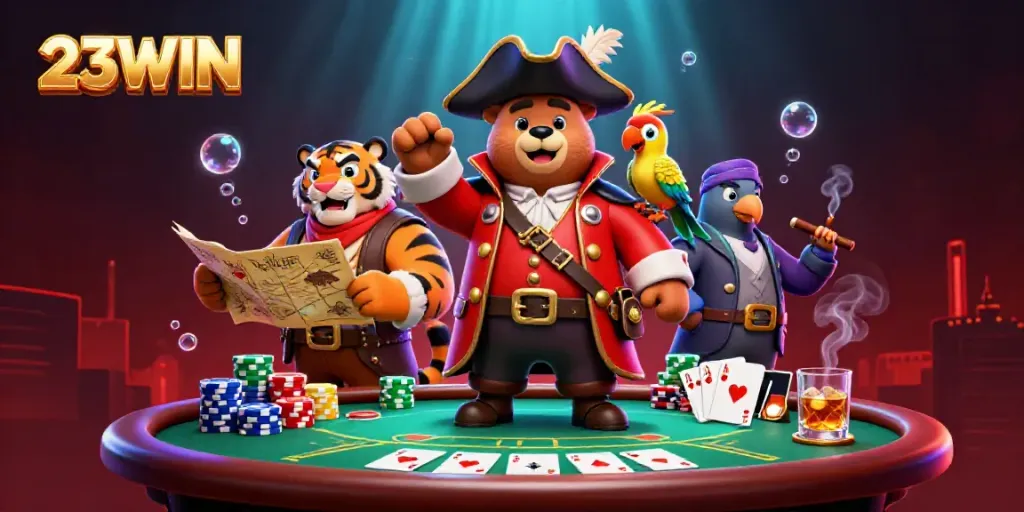 Engage in thrilling poker action with 23WIN, featuring pirates and tiger characters in a vibrant casino scene.