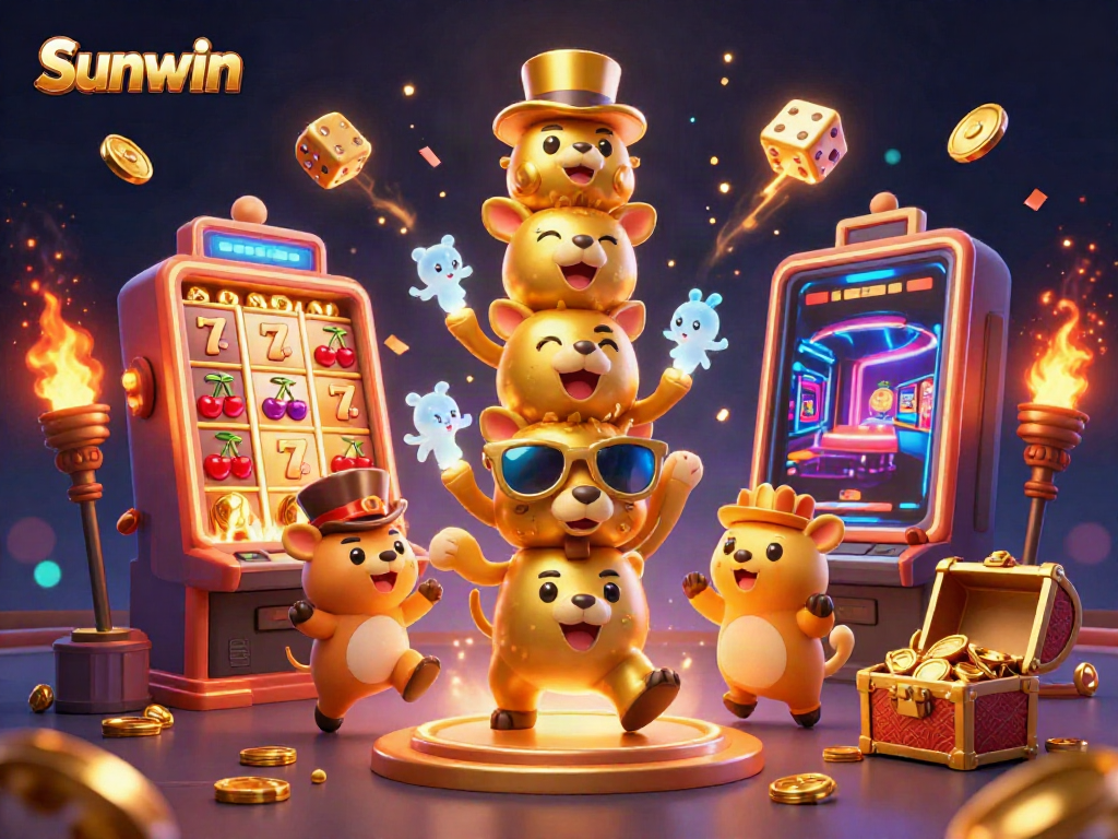 Experience the vibrant casino world with Sunwin’s engaging slot and gaming elements in a dynamic 3D rendering.