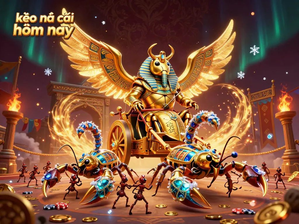 Engage with kèo nhà cái hôm nay through a vibrant 3D illustration of a golden scarab and scorpions in a casino setting.