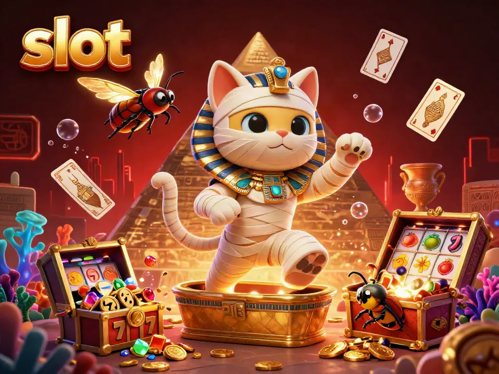 Experience thrilling slot adventures with an Egyptian mummy cat amidst glowing treasures.