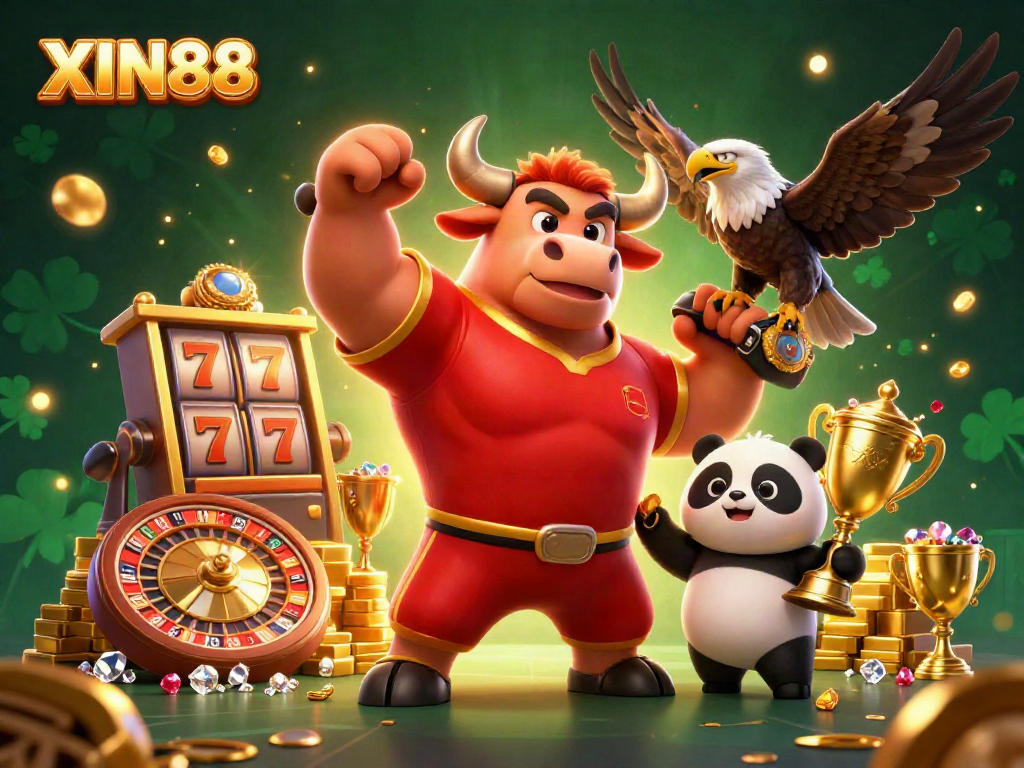 XIN88 showcases excitement with a bull mascot winning at slot machines amidst golden riches, enhancing casino thrills.