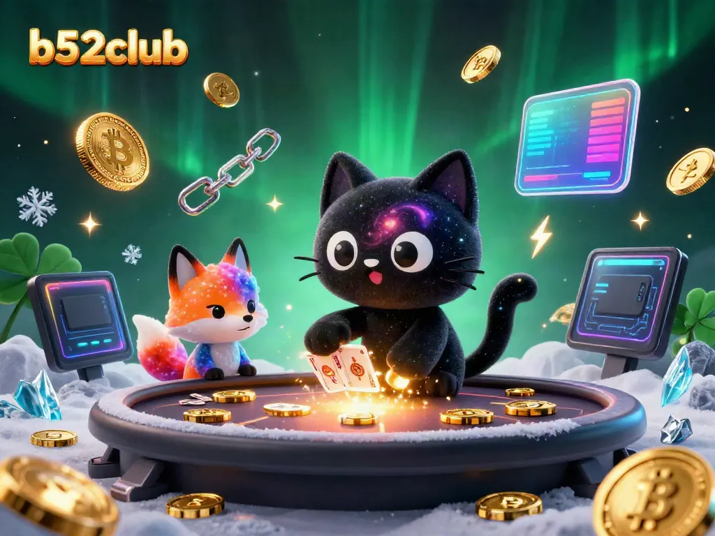 Experience exciting gameplay at b52club with a cosmic casino featuring a black hole cat and nebula fox engaging with vibrant cryptocurrency elements.
