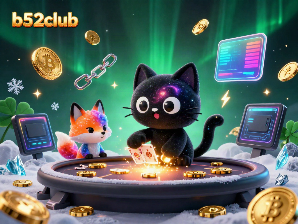 Experience exciting gameplay at b52club with a cosmic casino featuring a black hole cat and nebula fox engaging with vibrant cryptocurrency elements.