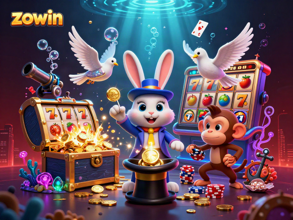 Engage in thrilling slots gameplay at Zowin with a magical scene of a rabbit and monkey in action.