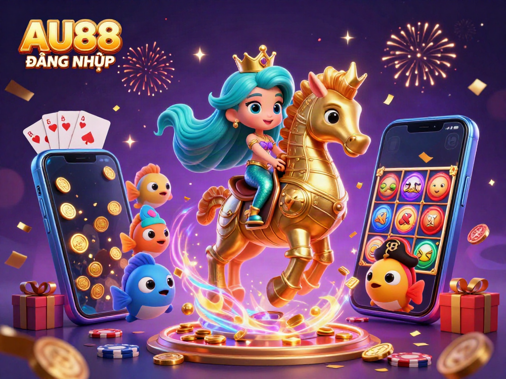 Engage in thrilling gameplay with AU88 ĐĂNG NHẬP, featuring a mermaid princess on a seahorse amidst colorful casino elements.