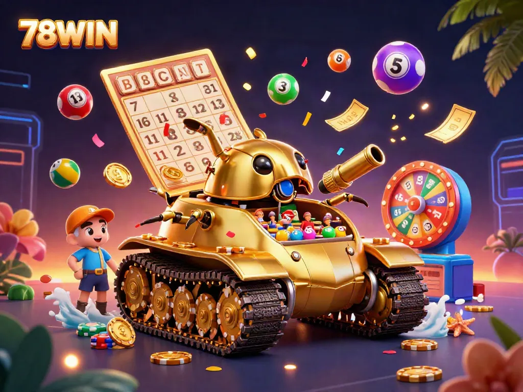 Experience excitement at 78WIN with a dynamic casino-themed scene featuring a golden beetle tank.