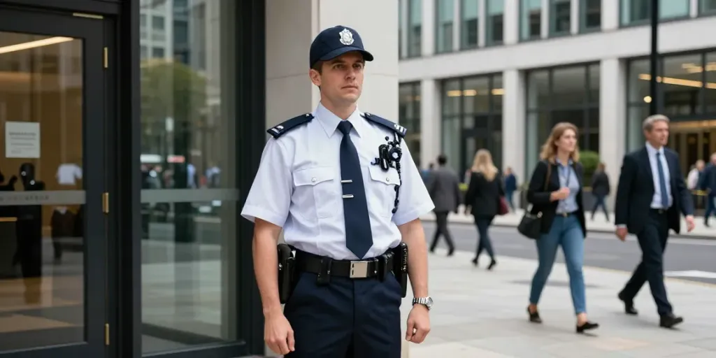 Security Guard ensuring the safety of a corporate office building in London, trusted provider of local services.
