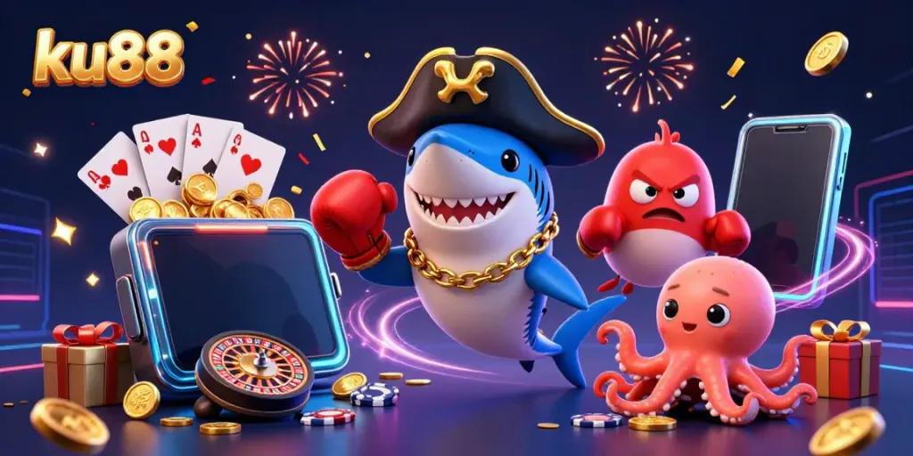 Engage with ku88's thrilling casino atmosphere featuring a pirate shark, pufferfish, and octopus in a vibrant scene.