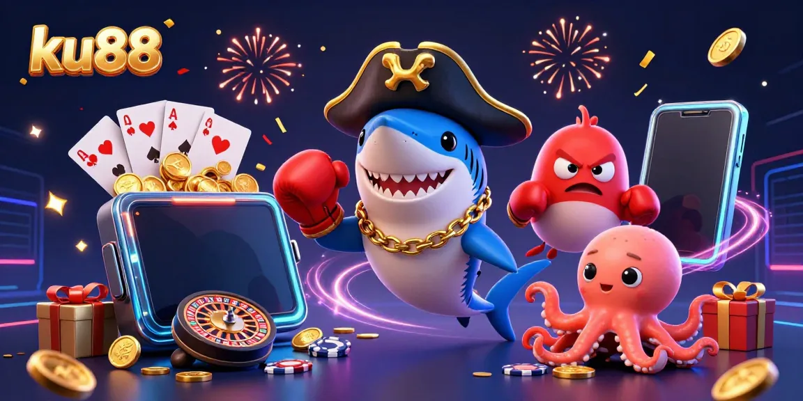 Engage with ku88's thrilling casino atmosphere featuring a pirate shark, pufferfish, and octopus in a vibrant scene.