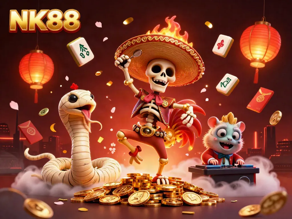 Experience the thrill of winning at NK88 Casino with vibrant characters surrounded by festive gaming elements.