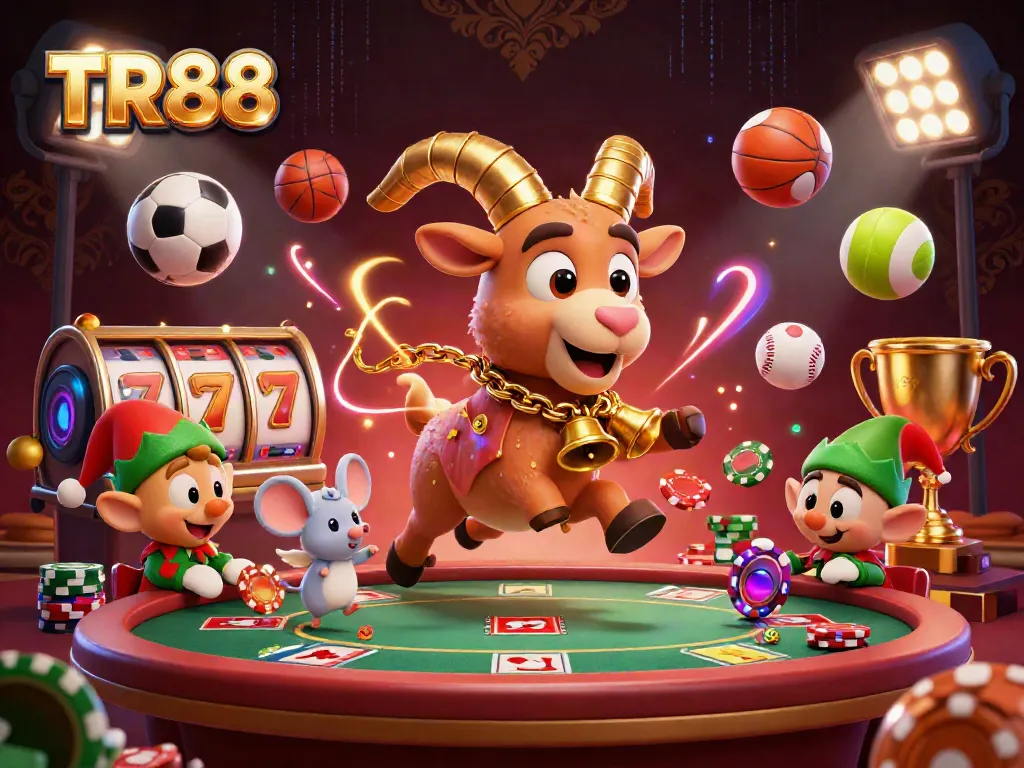 Experience thrilling gameplay at TR88 with a festive Krampus overseeing a chaotic casino scene.
