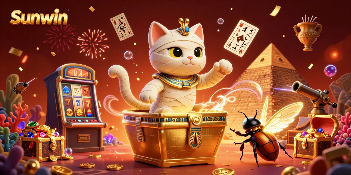 Experience the excitement of Sunwin casino with an Egyptian mummy cat and lavish casino elements.