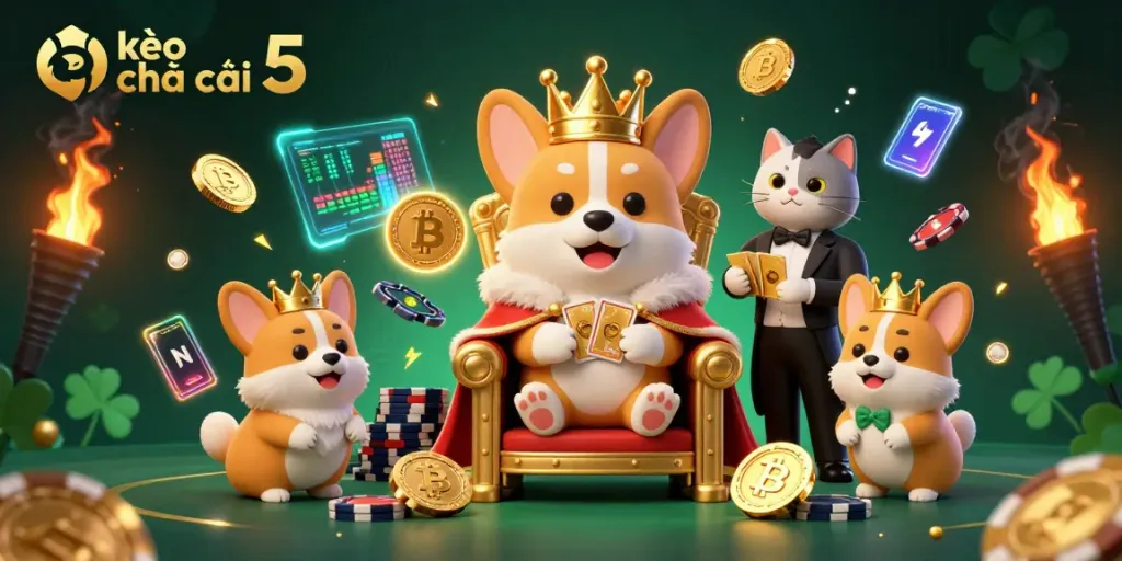 Bet and enjoy kèo nhà cái 5 in vibrant 3D illustration showcasing royal characters and crypto elements.
