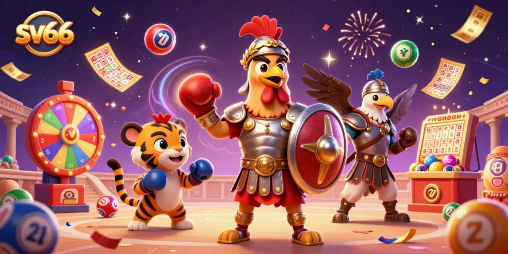 Experience thrilling gaming excitement at sv66 with vibrant casino elements and action-packed characters.