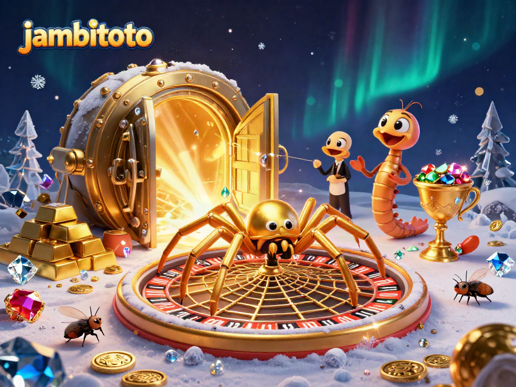 Engage with jambitoto's lively casino scene featuring a spider, fly, and centipede at a roulette wheel.