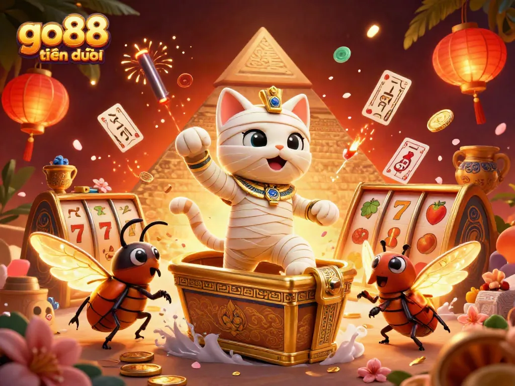Engage in vibrant gaming with go88 thiên đường, featuring a cartoon mummy cat and glowing scarab in a lively casino scene.