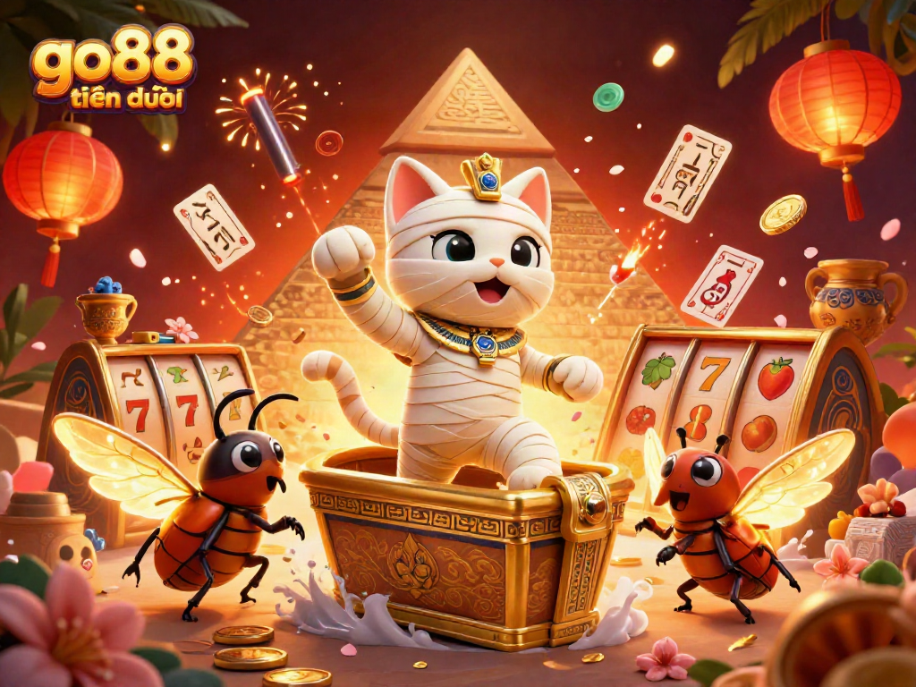 Engage in vibrant gaming with go88 thiên đường, featuring a cartoon mummy cat and glowing scarab in a lively casino scene.