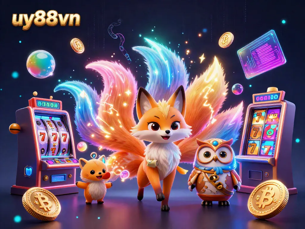 Experience the vibrant casino atmosphere at uy88vn with dazzling characters and glowing gaming elements.