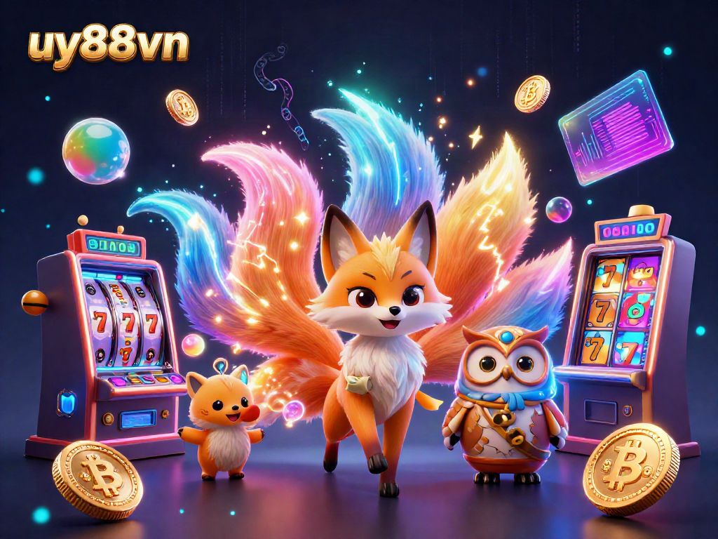 Experience the vibrant casino atmosphere at uy88vn with dazzling characters and glowing gaming elements.