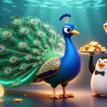 Engage in thrilling games at Nhà cái SHBET with an enticing visual of peacock and penguin characters amid vibrant casino elements.