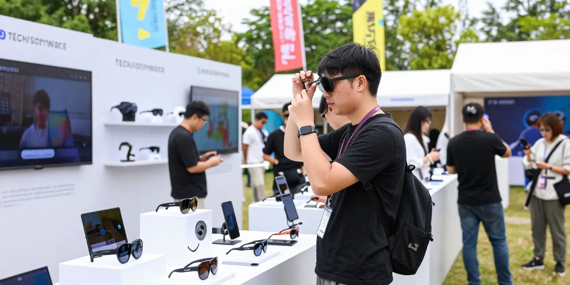 Engaged professional testing smart glasses at an outdoor tech festival showcasing innovative features and vibrant engagement.