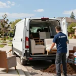 House clearance London by professionals loading furniture in a sunny neighborhood.