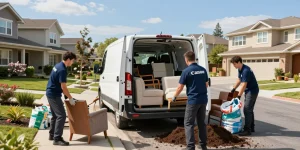 House clearance London by professionals loading furniture in a sunny neighborhood.