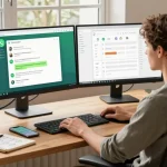 User engaging with WhatsApp電腦版 on a modern desktop setup in a cozy home office.