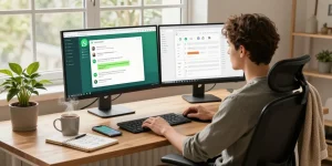 User engaging with WhatsApp電腦版 on a modern desktop setup in a cozy home office.