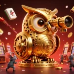 Engage with the vibrant kèo nhà cái scene featuring the golden owl scanning a casino floor filled with dynamic elements.
