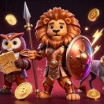 Win with go8vvip's exciting casino games, featuring a heroic lion and strategic owl in a rich 3D scene.