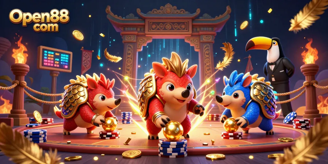 Engage in thrilling gameplay at Open88 com, where cartoon pangolins compete in a festive casino scene.