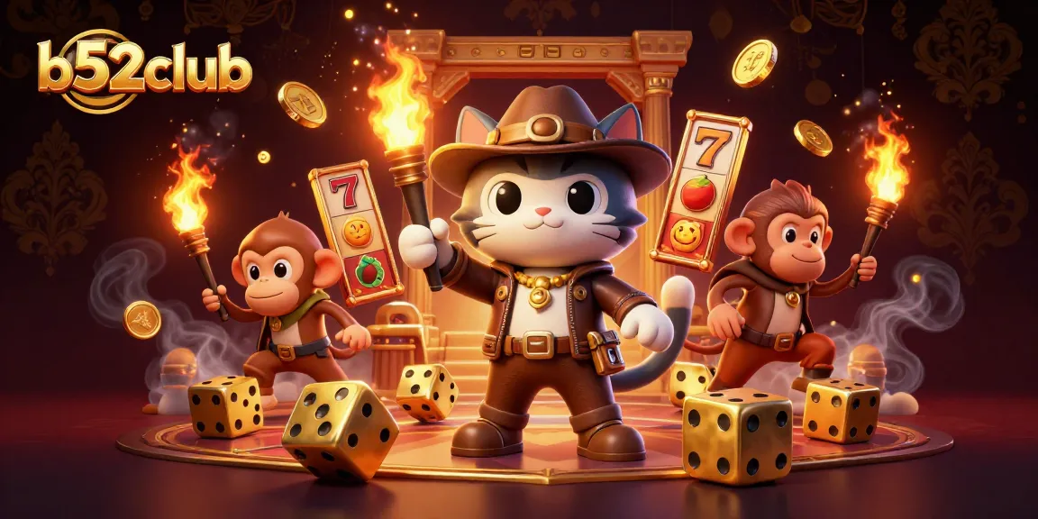 Engage with b52club's thrilling atmosphere, showcasing a 3D cartoon archaeologist cat discovering casino treasures.