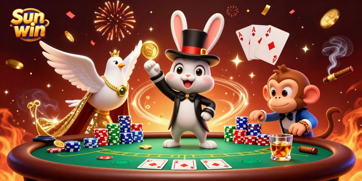 Engage with Sun win's thrilling action featuring a magician rabbit, dove, and monkey at a poker table.