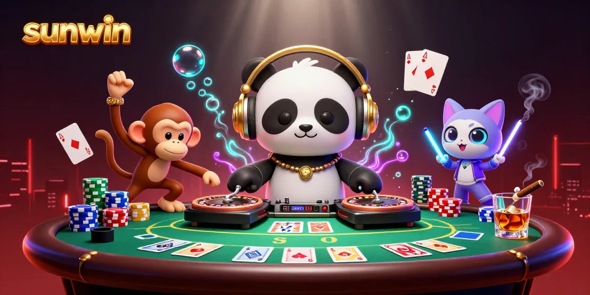 Experience the thrill of sunwin in this vibrant casino scene with animated characters spinning their luck at poker.