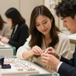 Couple exploring engagement rings on finance in a luxury jewelry store.