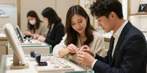 Couple exploring engagement rings on finance in a luxury jewelry store.